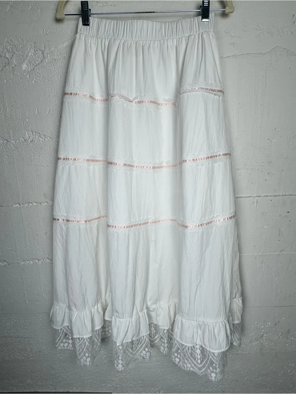 Dazy White Tiered Maxi Skirt with Lace Trim Cottagecore Petty Coat Lined Size M